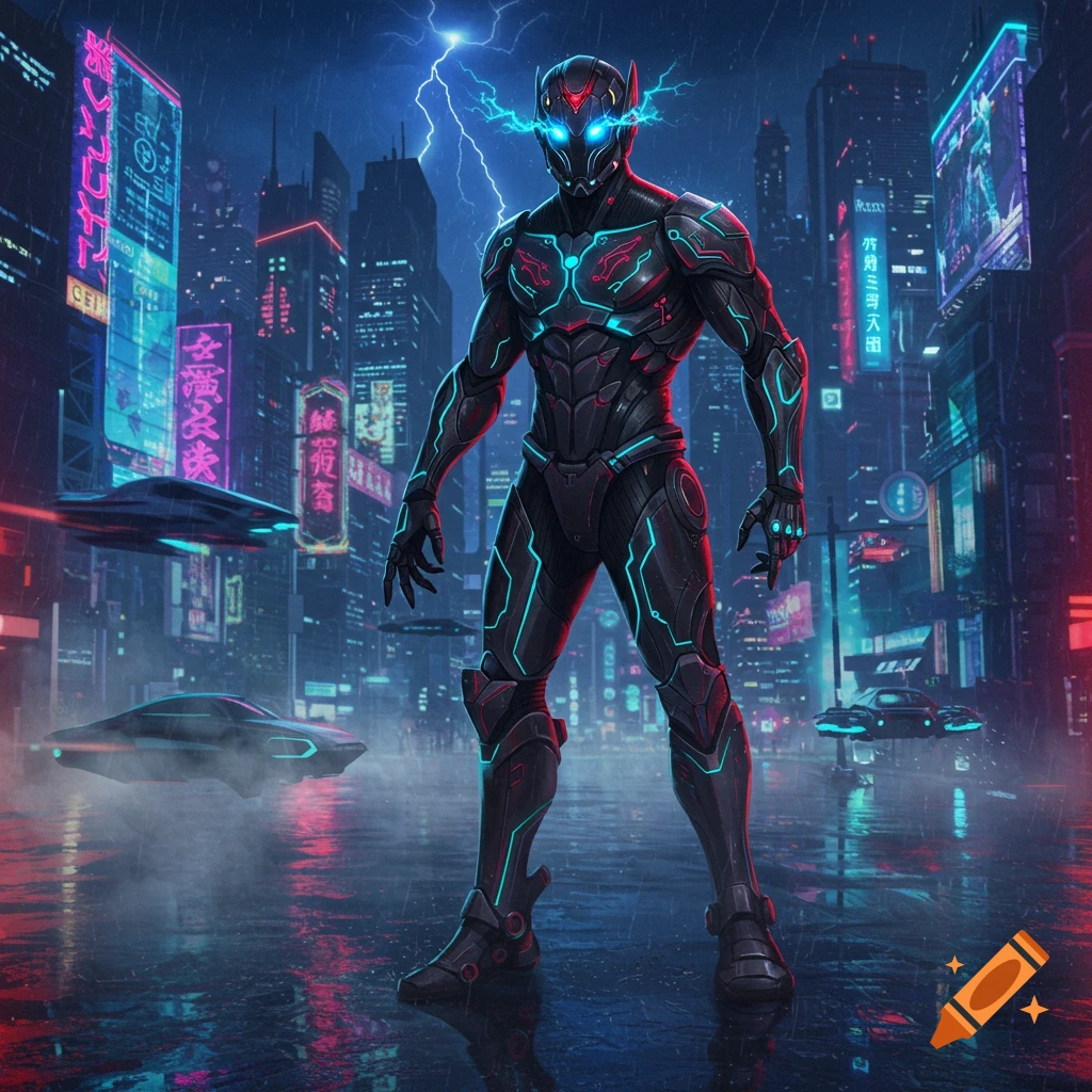 A dark armored superhero with glowing blue lines and eyes stands in a rainy, neon-lit cyberpunk city with flying vehicles.