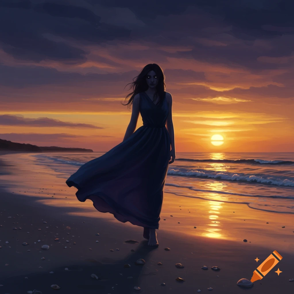 A mysterious woman in a dark dress walks on a beach at sunset with glowing eyes.