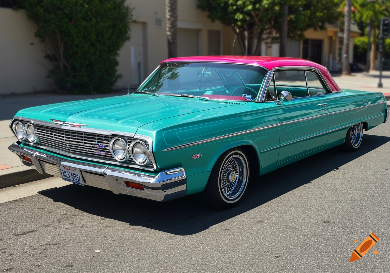 A photorealistic 1963 Chevy Impala lowrider with a candy aqua turquoise body and a candy hot pink roof, parked on an asphalt street.