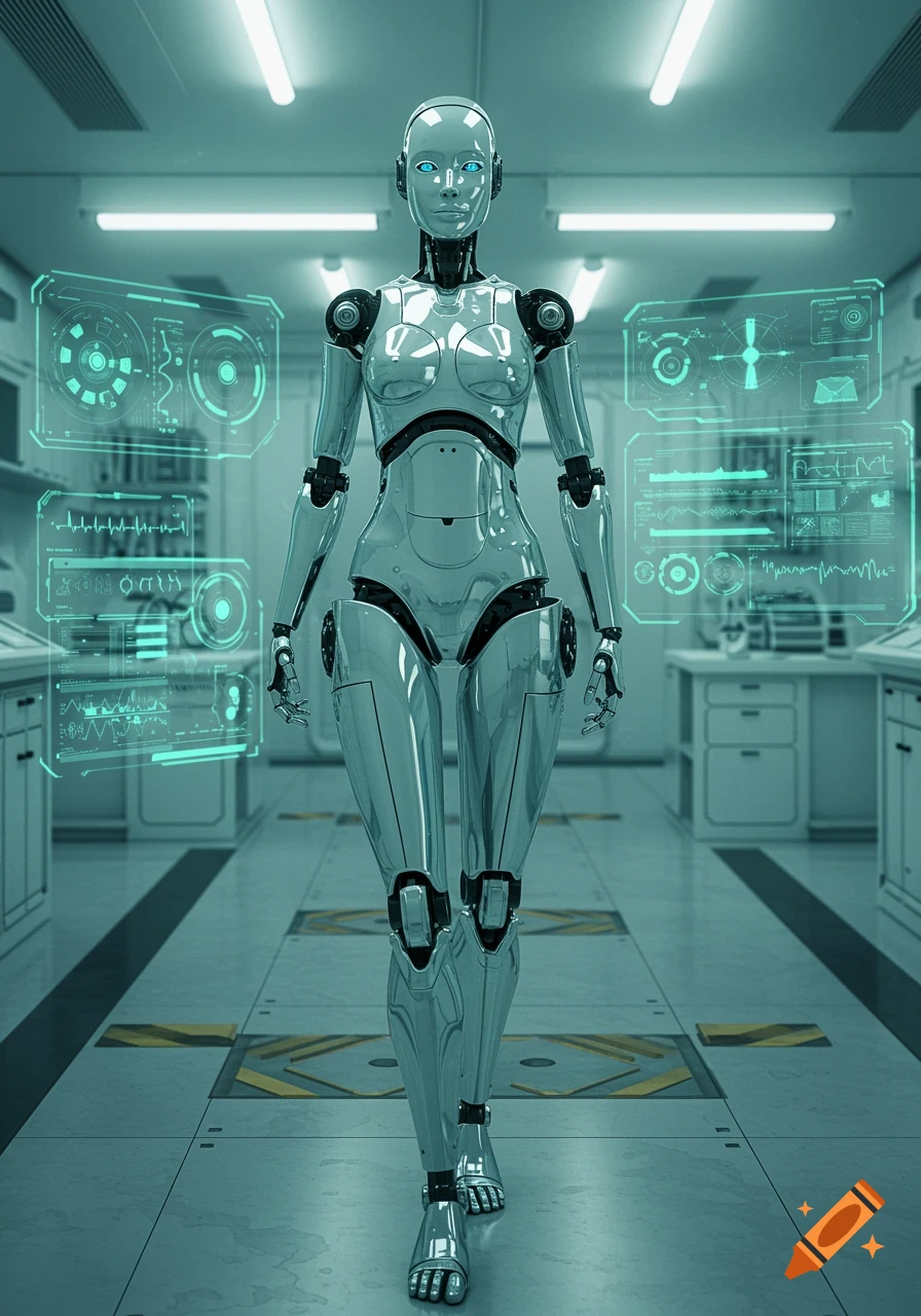 A sleek, metallic humanoid robot with glowing blue eyes walks through a futuristic laboratory with holographic displays.