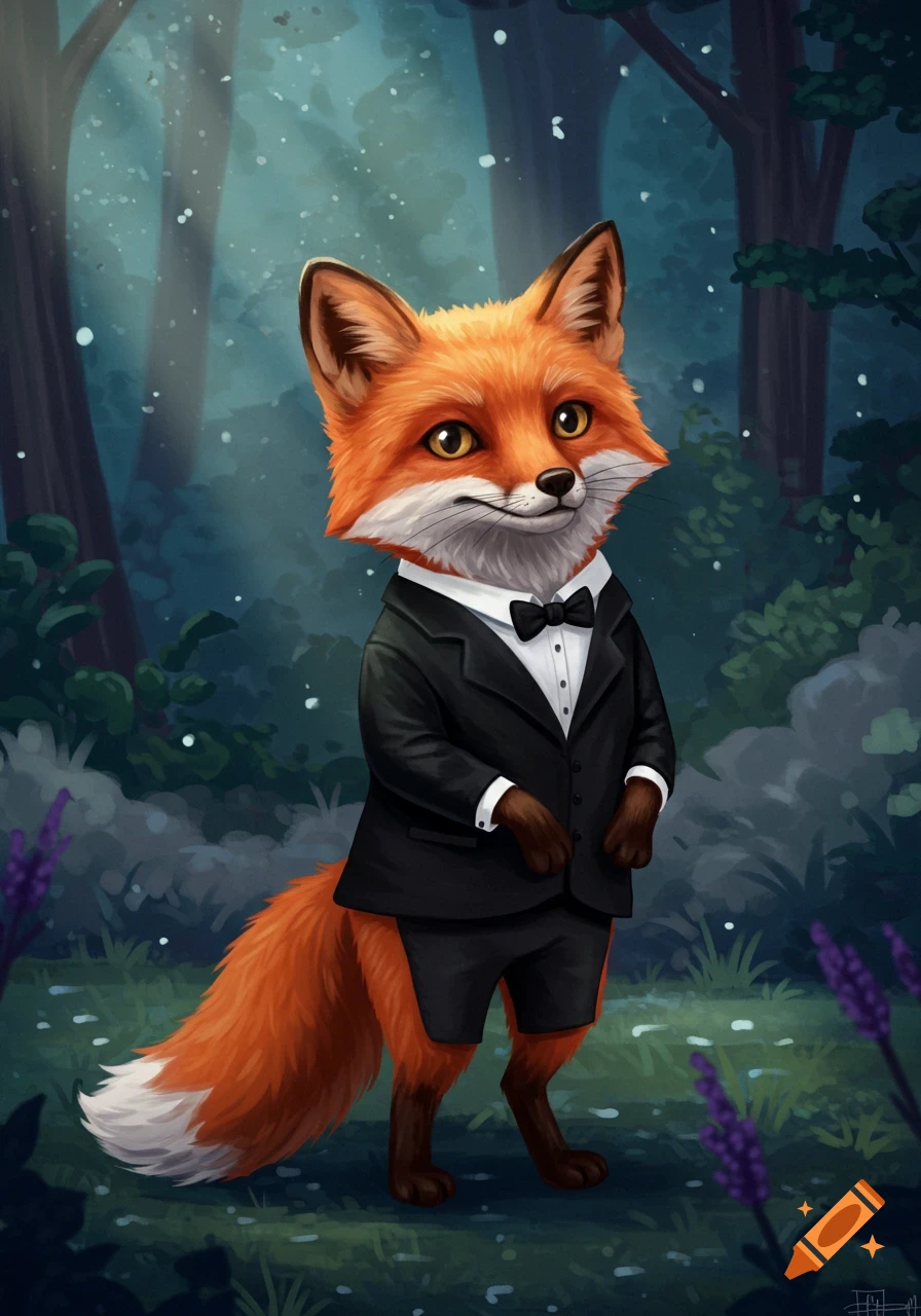 A cute, orange and white fox wearing a black tuxedo and bow tie stands in a dark, enchanting forest with glowing specks of light.