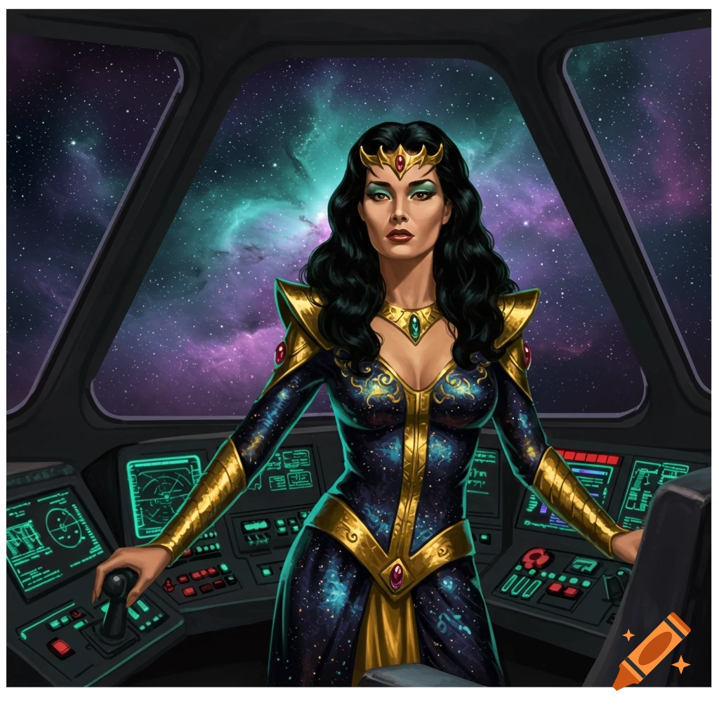 A woman with dark hair in a dark blue and gold royal costume with jewels stands in a spaceship cockpit, looking forward at a cosmic background.