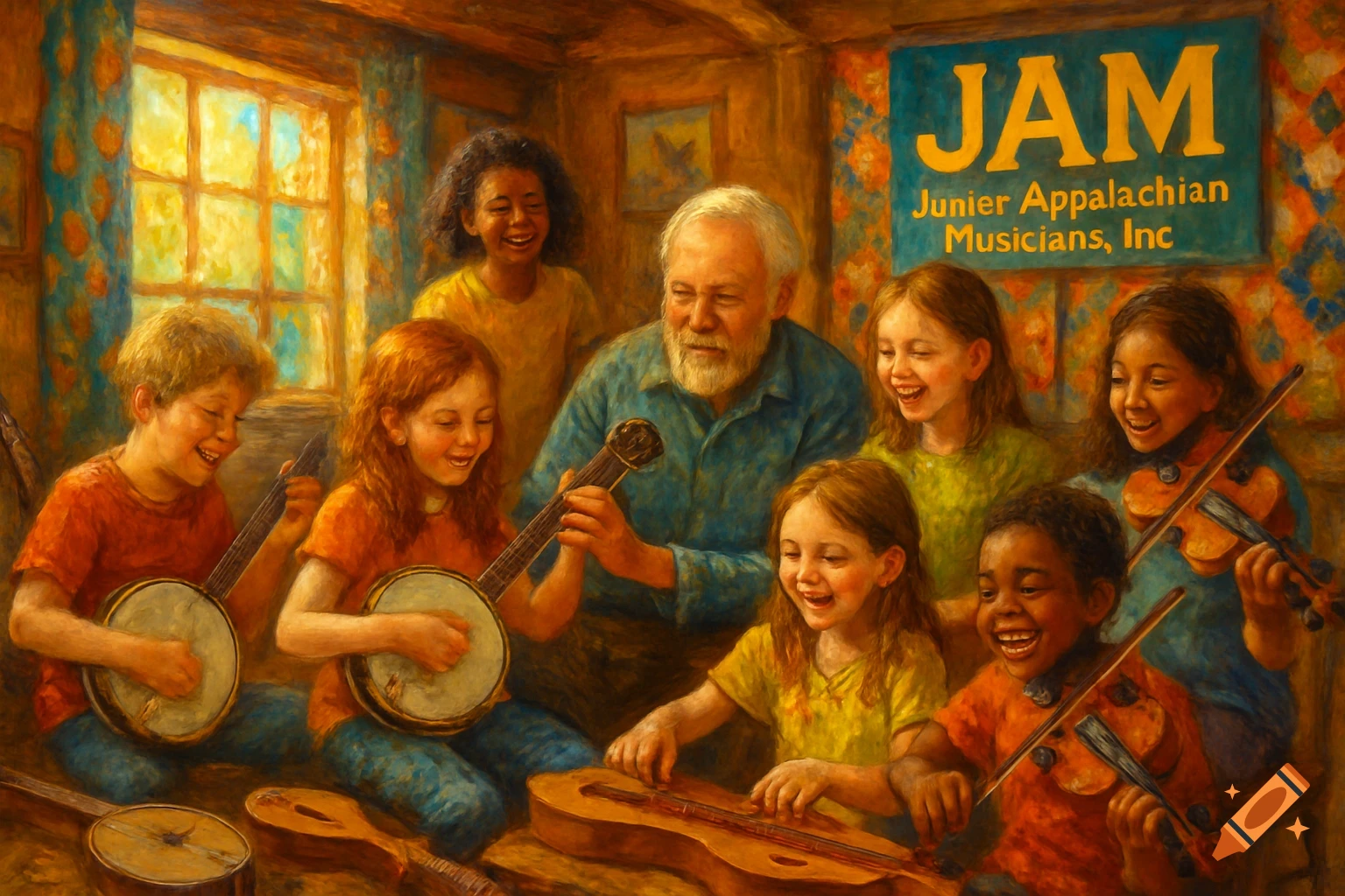 A group of happy children and an elderly man play banjos, violins, and a dulcimer in a rustic room, with a banner that reads "JAM Junier Appalachian Musicians, Inc." The image has a painterly style.