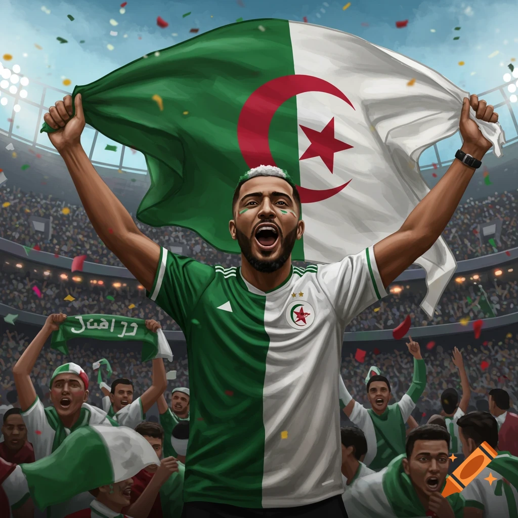 A soccer fan in a stadium holding up the Algerian flag, cheering among a crowd.