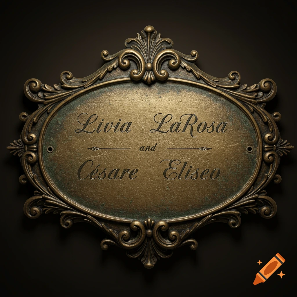 Ornate vintage brass plaque with 'Livia LaRosa and Cesare Eliseo' inscribed.