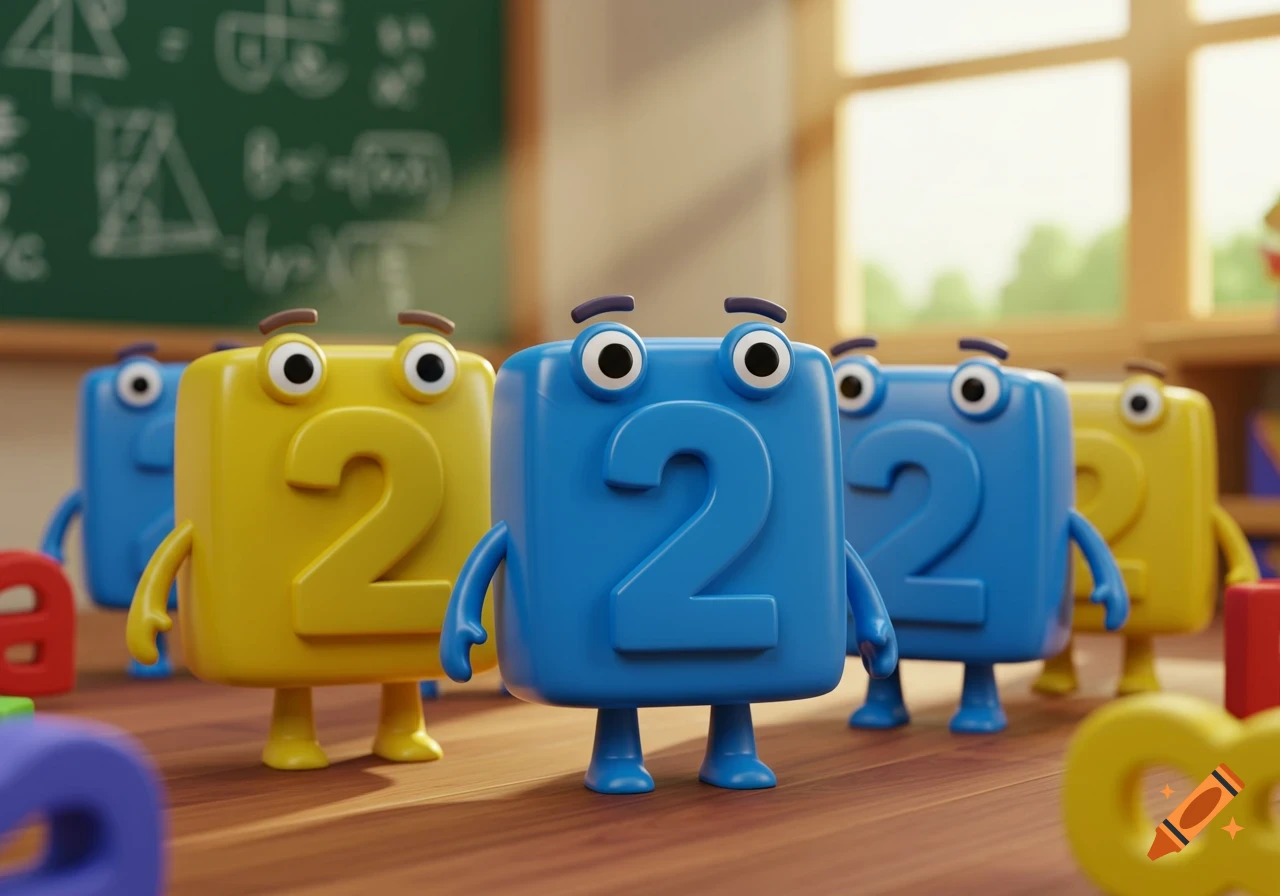 Cartoon block characters with the number 2 on them, standing in a classroom with a blackboard in the background.