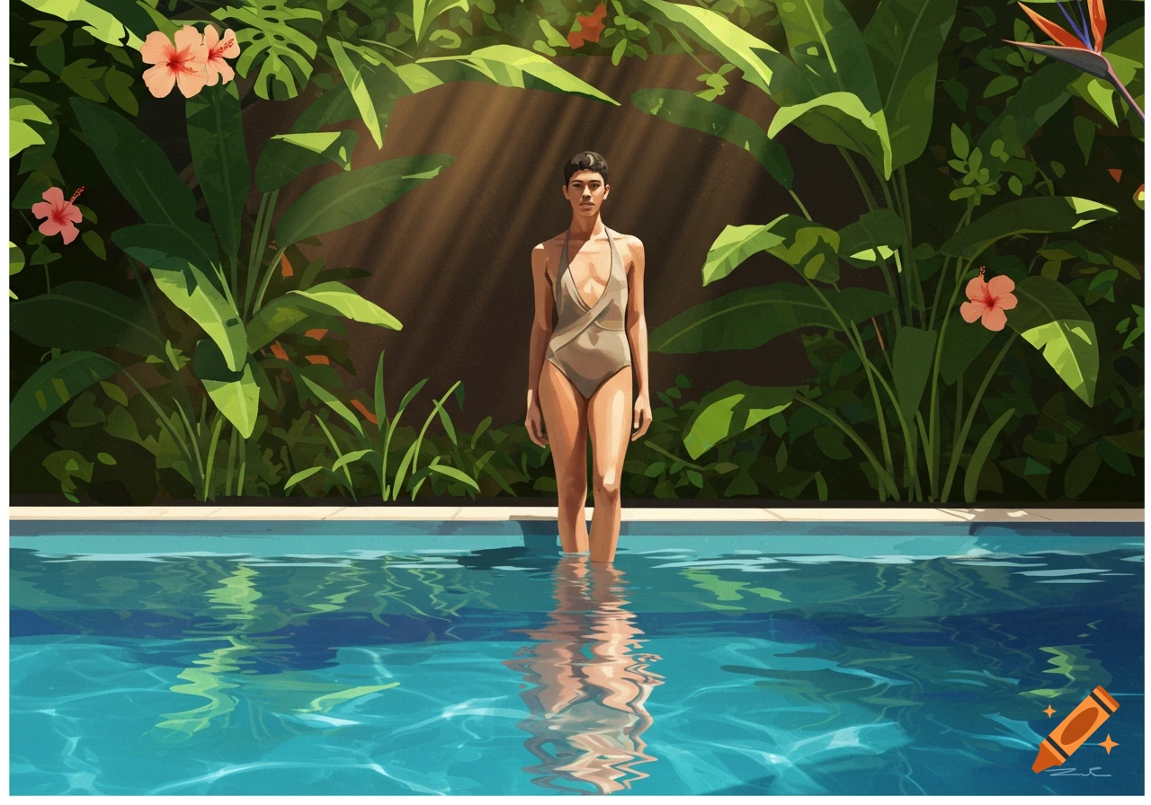 Stylized illustration of a woman in a light-colored swimsuit standing in a pool, surrounded by green tropical plants with sunlight streaming through.