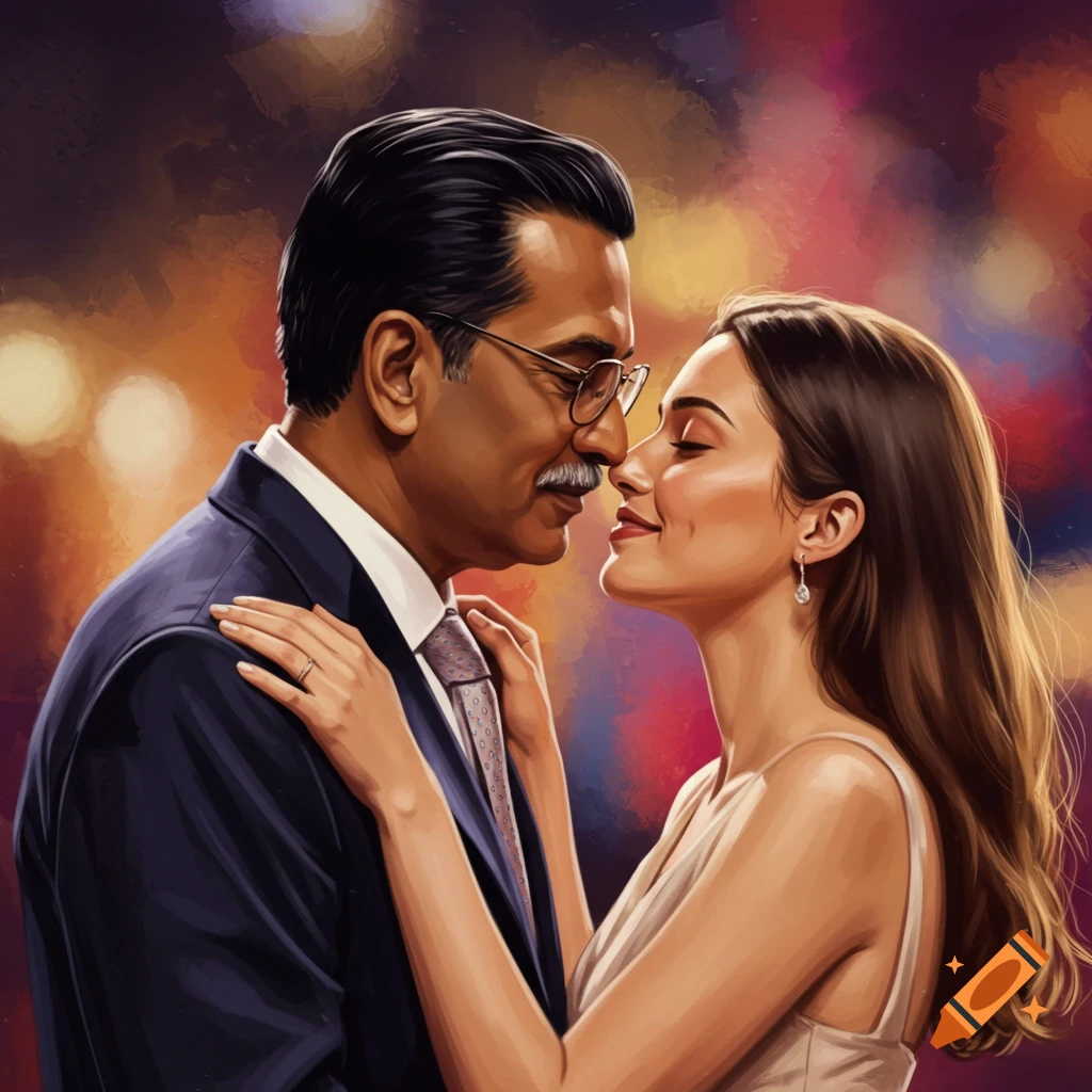 Digital painting of an Indian man in a suit looking lovingly at a Caucasian woman in a light dress, both in close embrace.