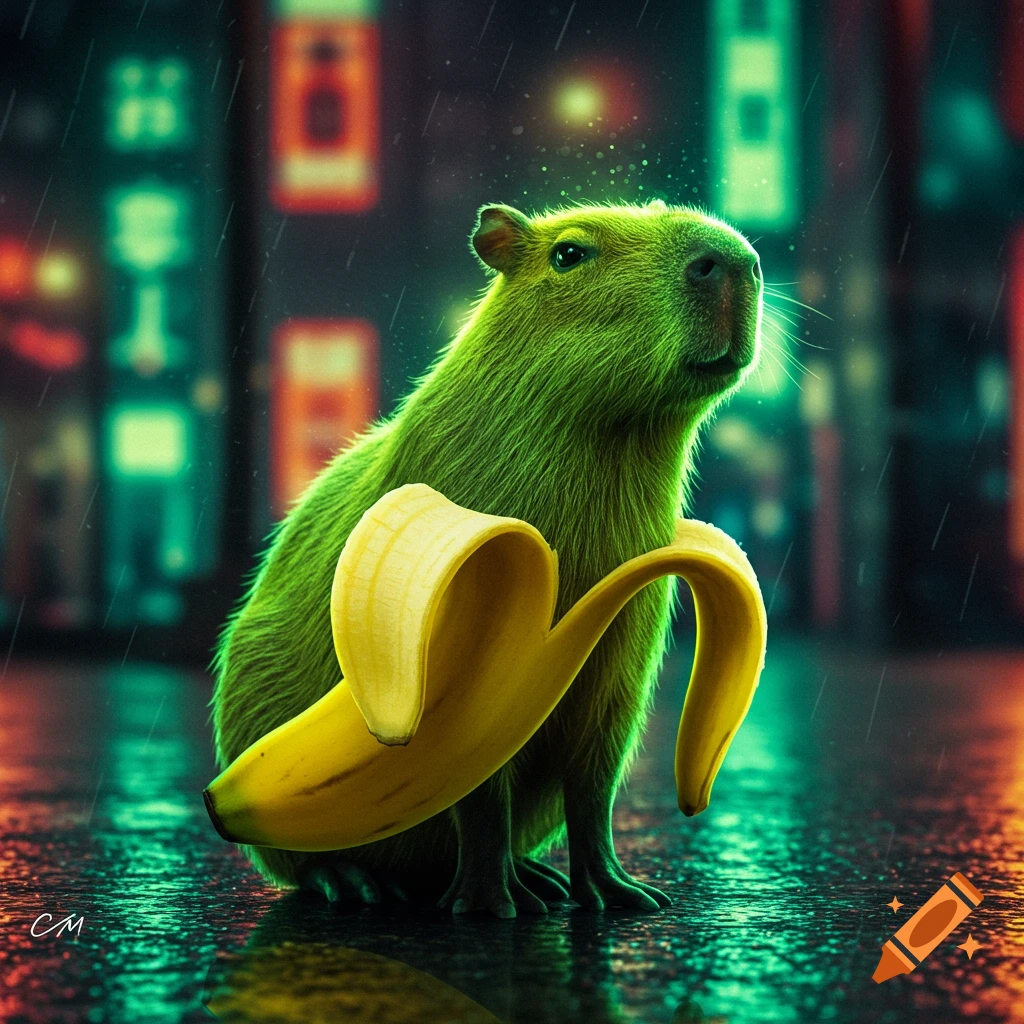 A neon green capybara with a banana peel around its body sits on a wet, reflective city street at night, illuminated by neon lights and rain.