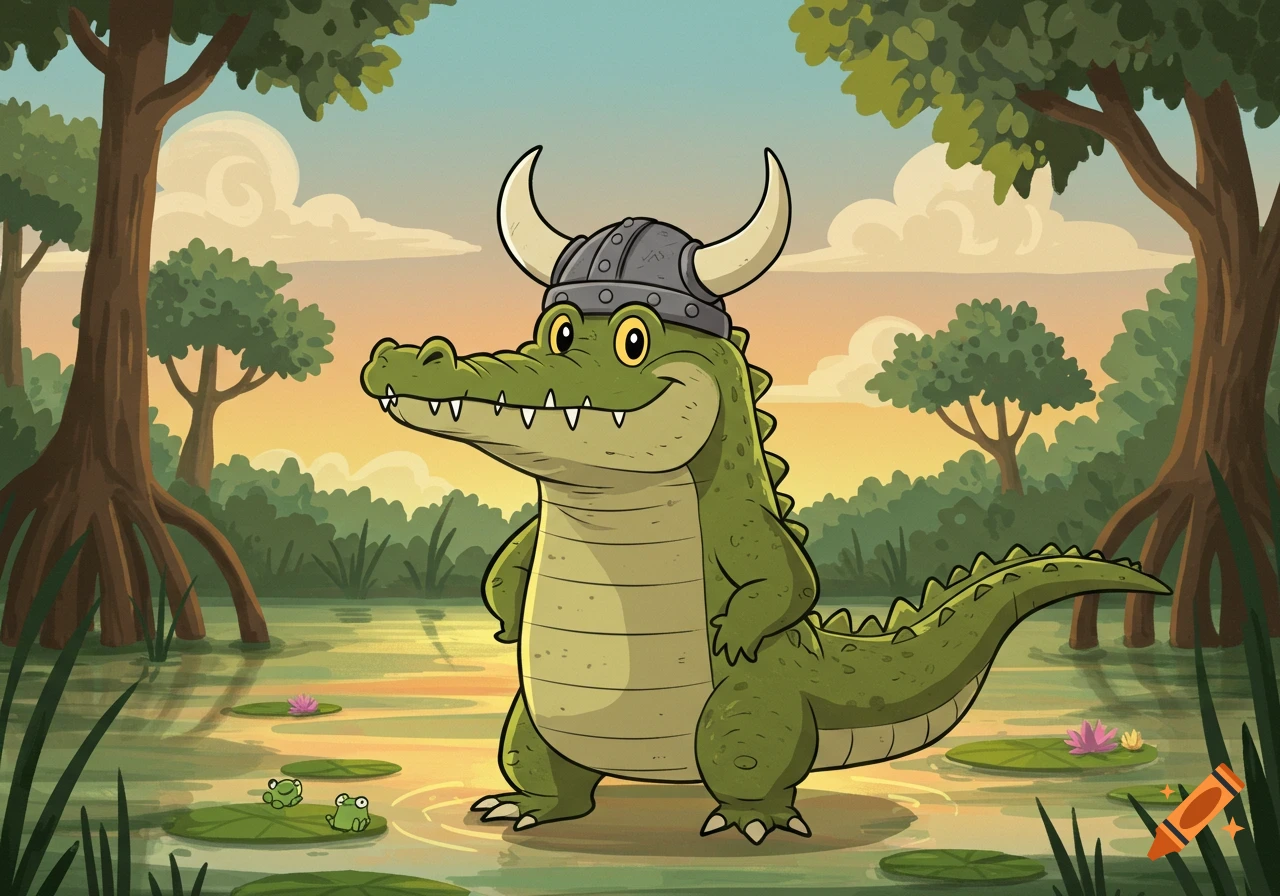 A cartoon alligator wearing a Viking helmet stands in a swamp at sunset.