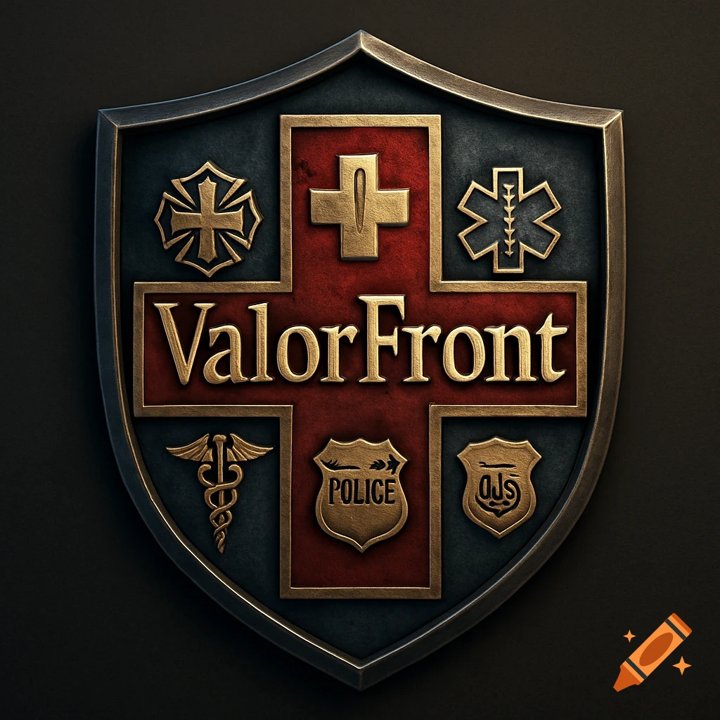 A metallic shield emblem featuring a central red cross with "ValorFront" in gold, surrounded by symbols for firefighters, EMS, police, and medicine.