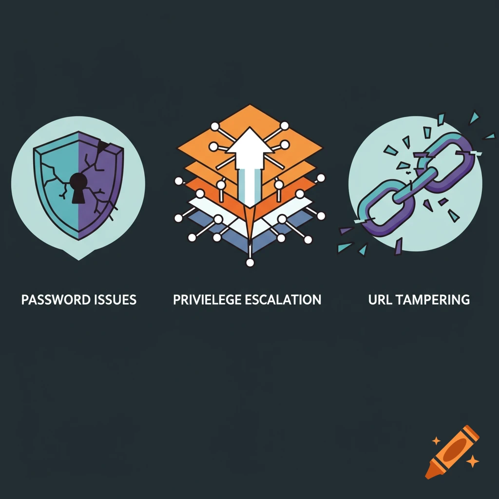 Three cybersecurity icons: a cracked shield for 'Password Issues', layered squares for 'Privilege Escalation', and a broken chain for 'URL Tampering'.