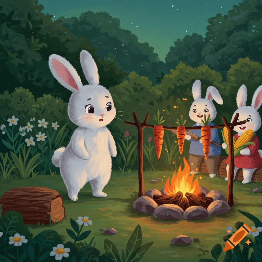 A cute bunny looks sad while two other bunnies happily roast carrots and corn over a campfire, in a children's book illustration style.