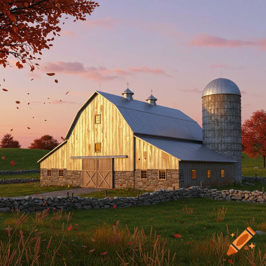 A photorealistic image of a classic New England barn with a silo, surrounded by autumn trees and a stone fence under a sunset sky.