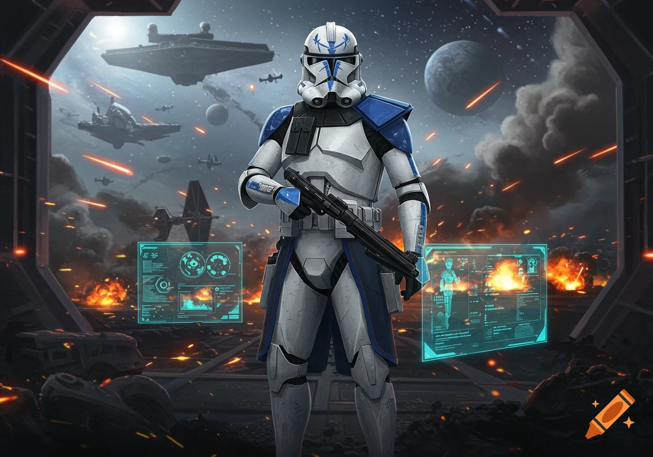 A Star Wars clone trooper in white and blue armor stands in a futuristic vessel as a space battle rages outside.