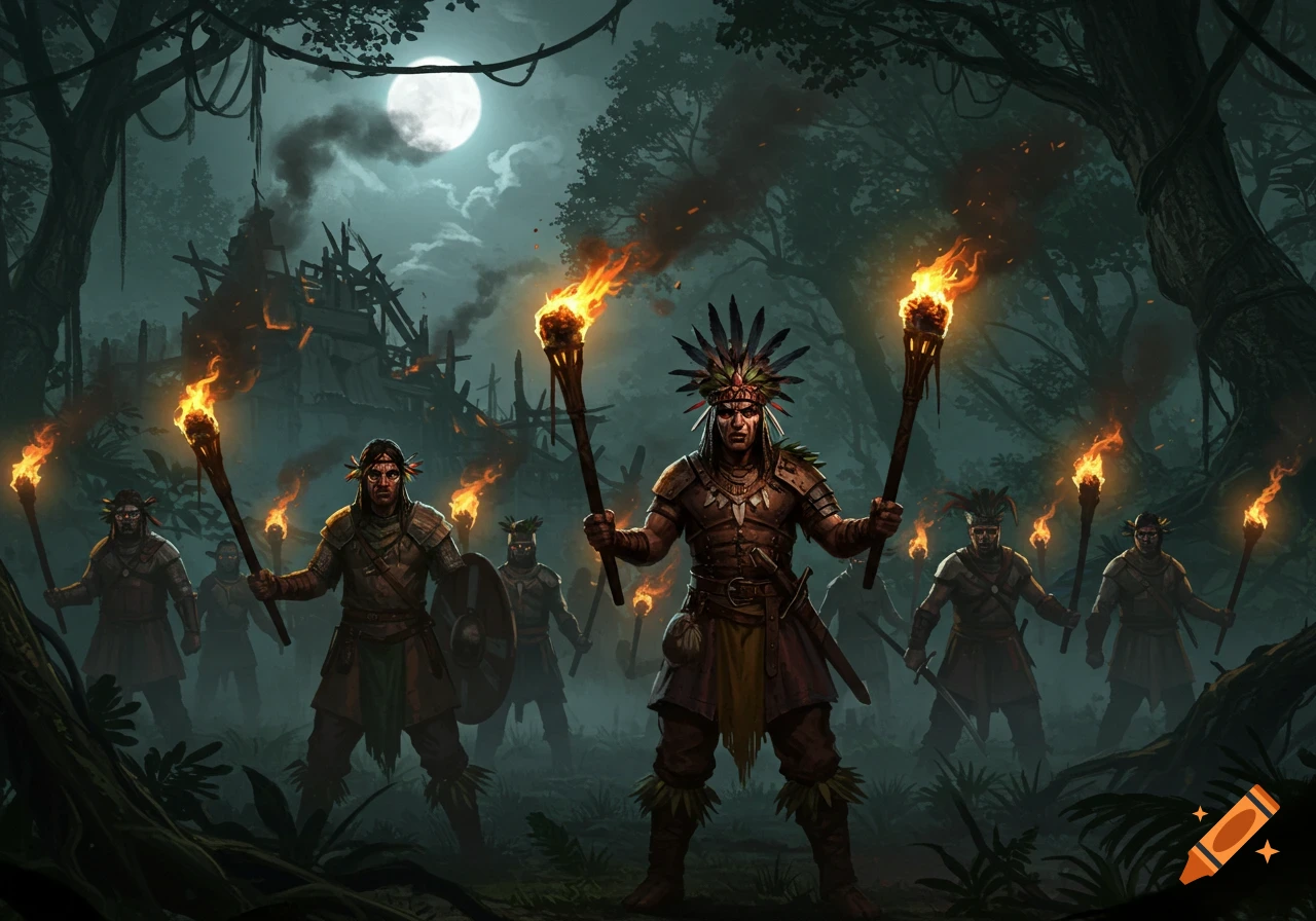 An army of jungle warriors in ancient armor holding flaming torches in front of a destroyed outpost at night, under a full moon.