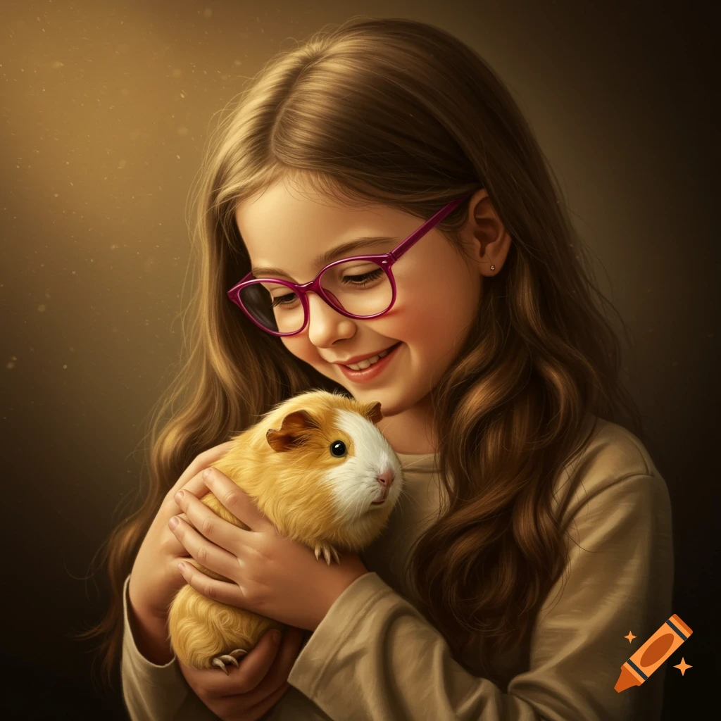 A young girl with long brown hair and pink glasses smiles while gently holding a brown and white guinea pig in a warm, soft-lit photorealistic style.