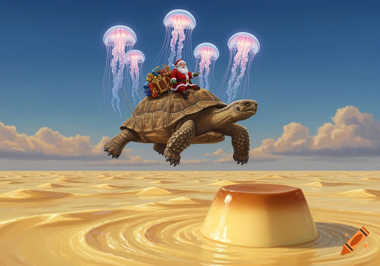 Santa Claus rides a giant tortoise pulled by five jellyfish over a sea of custard under a blue sky with clouds, in a whimsical style.