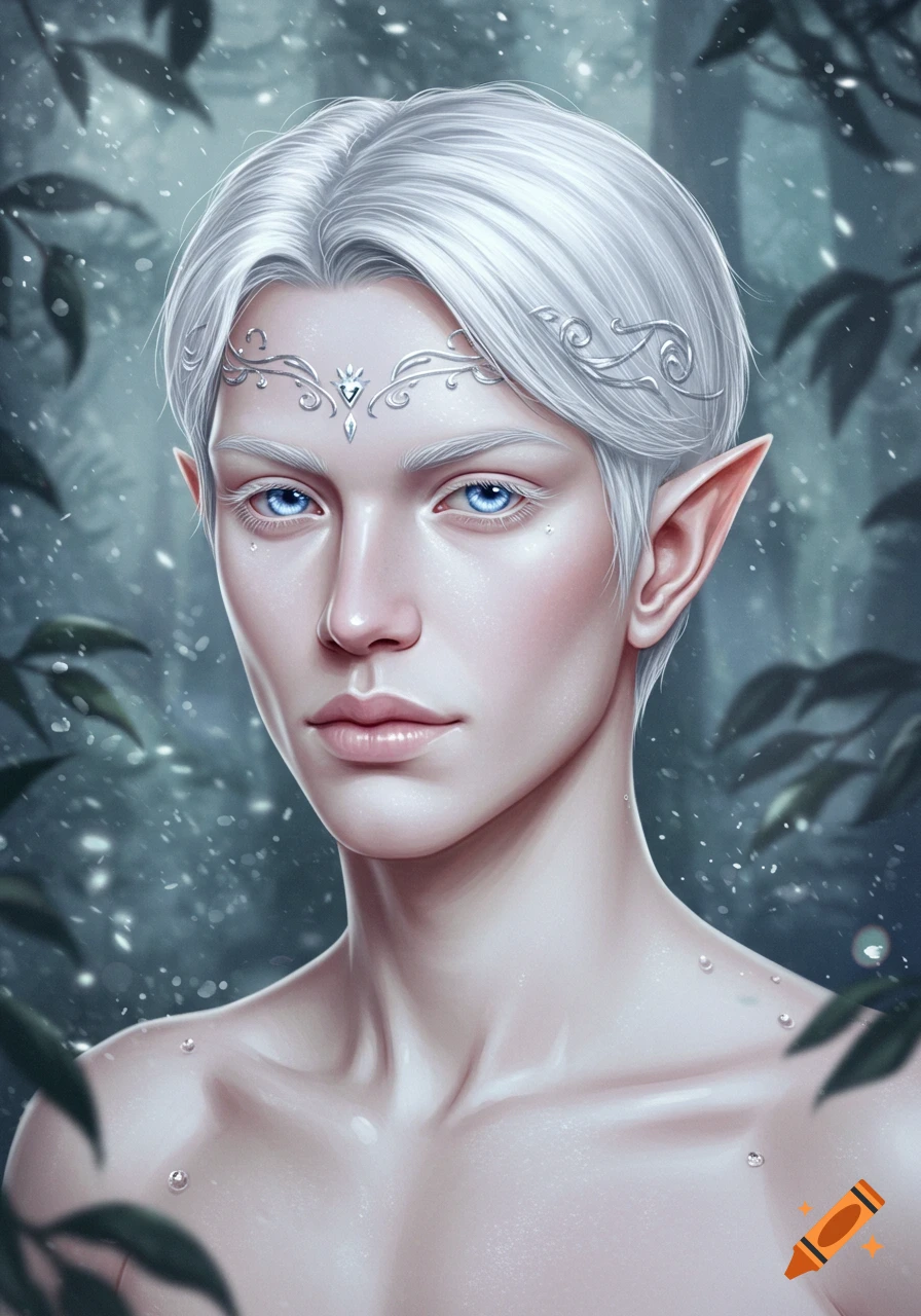 Portrait of an albino elf man with white hair, blue eyes, and pointed ears, against a dark, misty forest background.