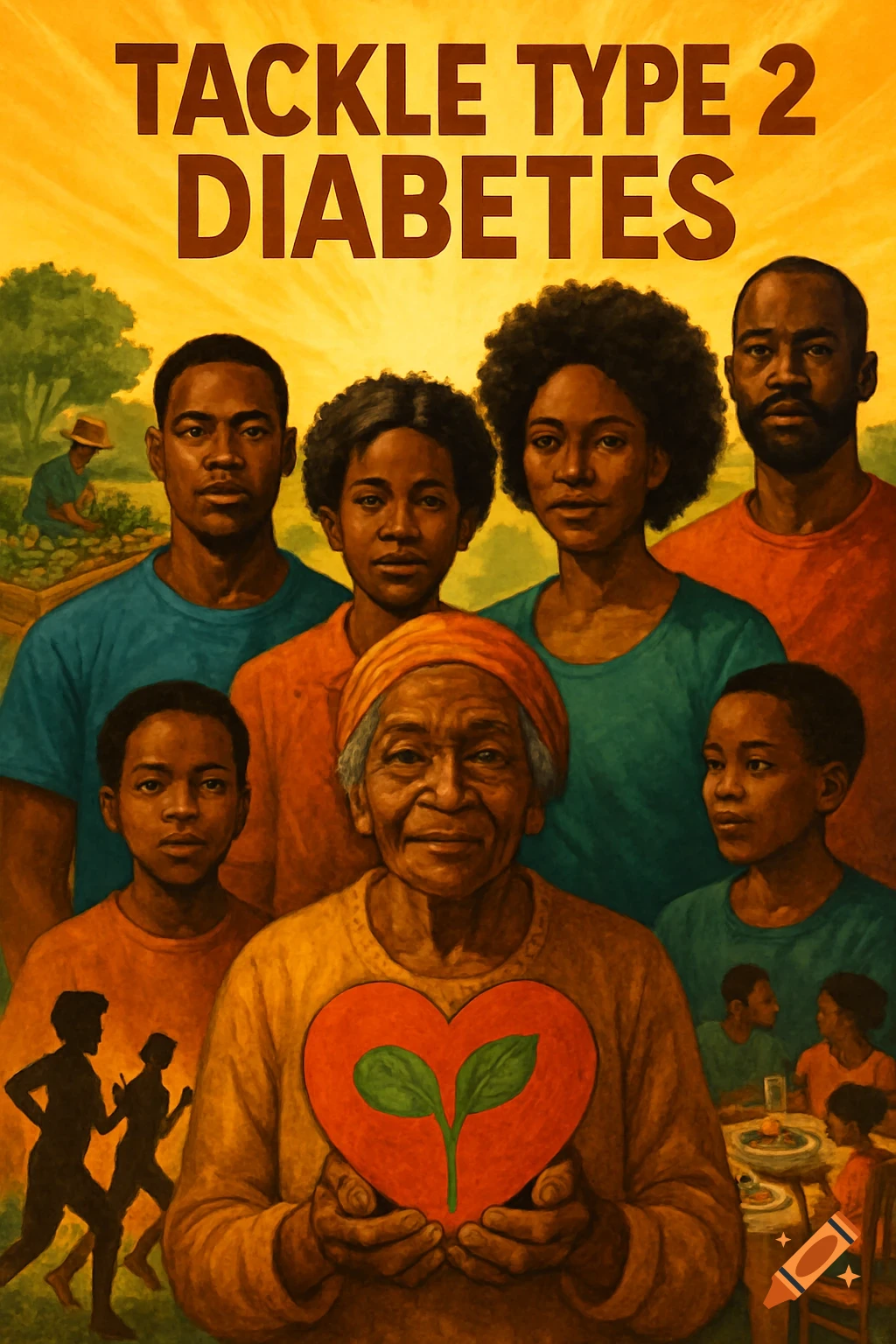 Illustrative image of a multi-generational African American community with text 'TACKLE TYPE 2 DIABETES'. An elder holds a heart with a plant sprout, with scenes of health and family life.