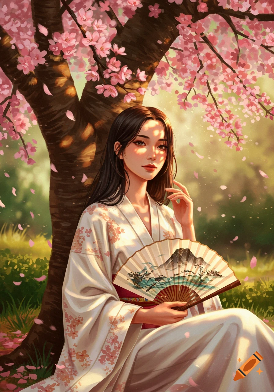 A young woman with long dark hair wearing a white kimono with pink floral patterns sits under a cherry blossom tree, holding a painted fan, in an anime art style.