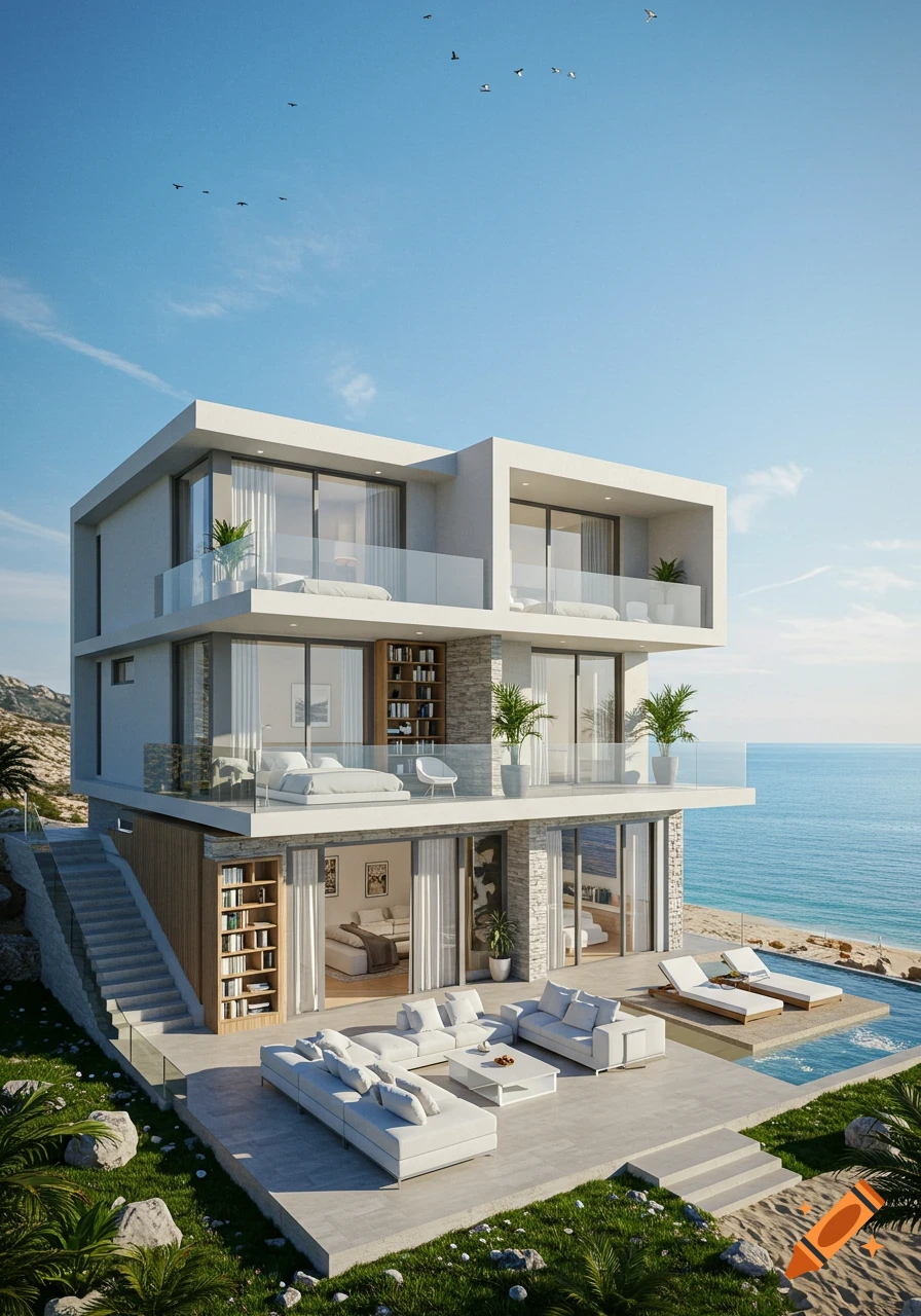A modern, multi-story luxury beach house with white walls, balconies, and an outdoor living area and pool overlooking the ocean.
