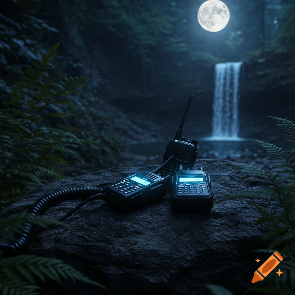 Two walkie-talkies on a rock in a dark forest at night, with a waterfall and a full moon in the background, photorealistic.