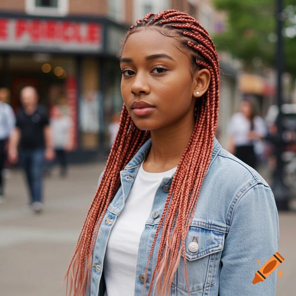 A young woman with long, pale red box braids and a denim jacket stands on a city street.