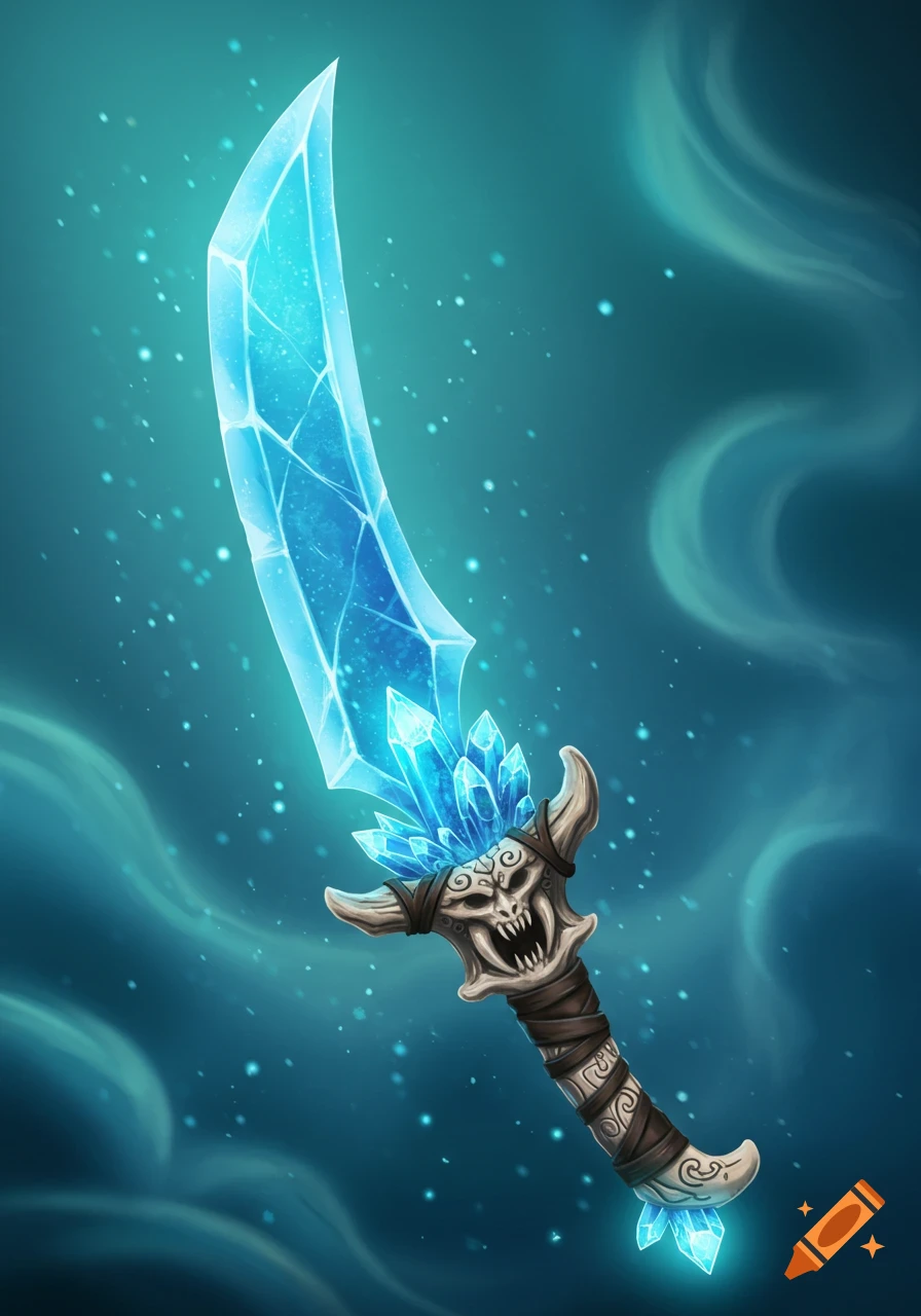A glowing blue crystal scimitar with a skull-adorned bone hilt, set against a swirling teal background.