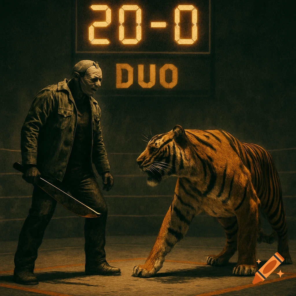 Jason Voorhees holding a machete stands in a dark fighting ring, facing a tiger, under a scoreboard displaying '20-0 DUO'.