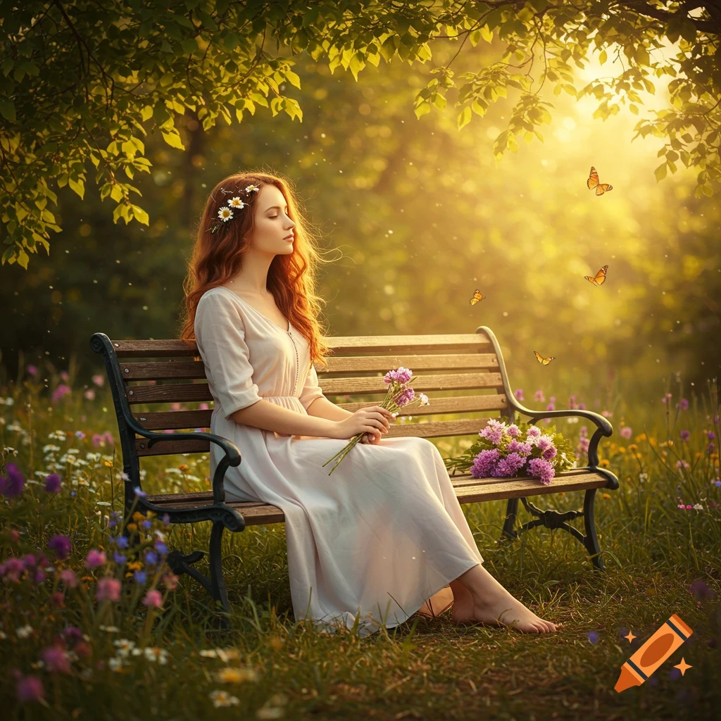 A serene woman with red hair and flowers in her hair sits barefoot on a park bench, holding flowers, in a sunlit meadow with butterflies.