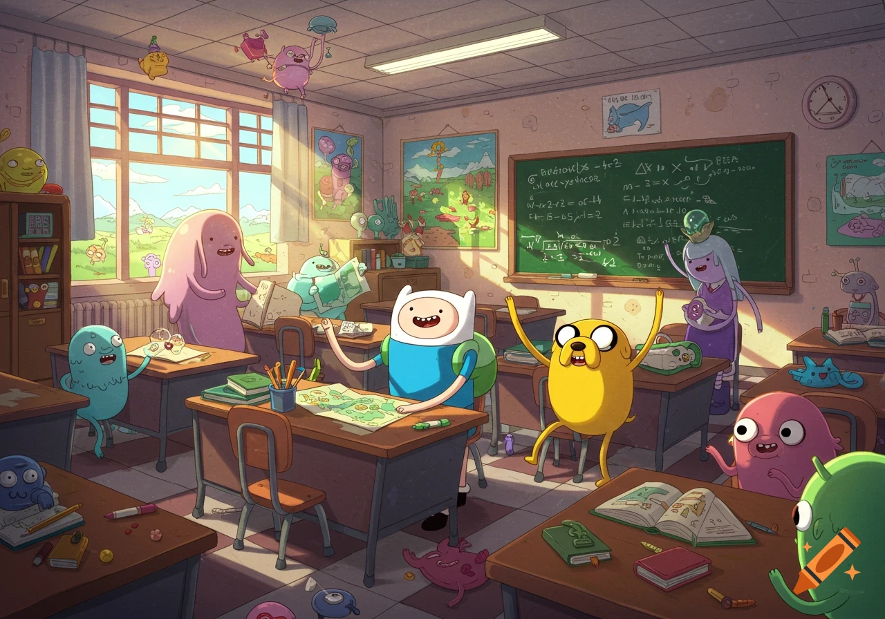 An animated classroom scene featuring Finn and Jake from Adventure Time, along with other cartoon characters. Sunlight streams through a large window overlooking a landscape. Characters are at desks, and a blackboard with illegible text is in the background.