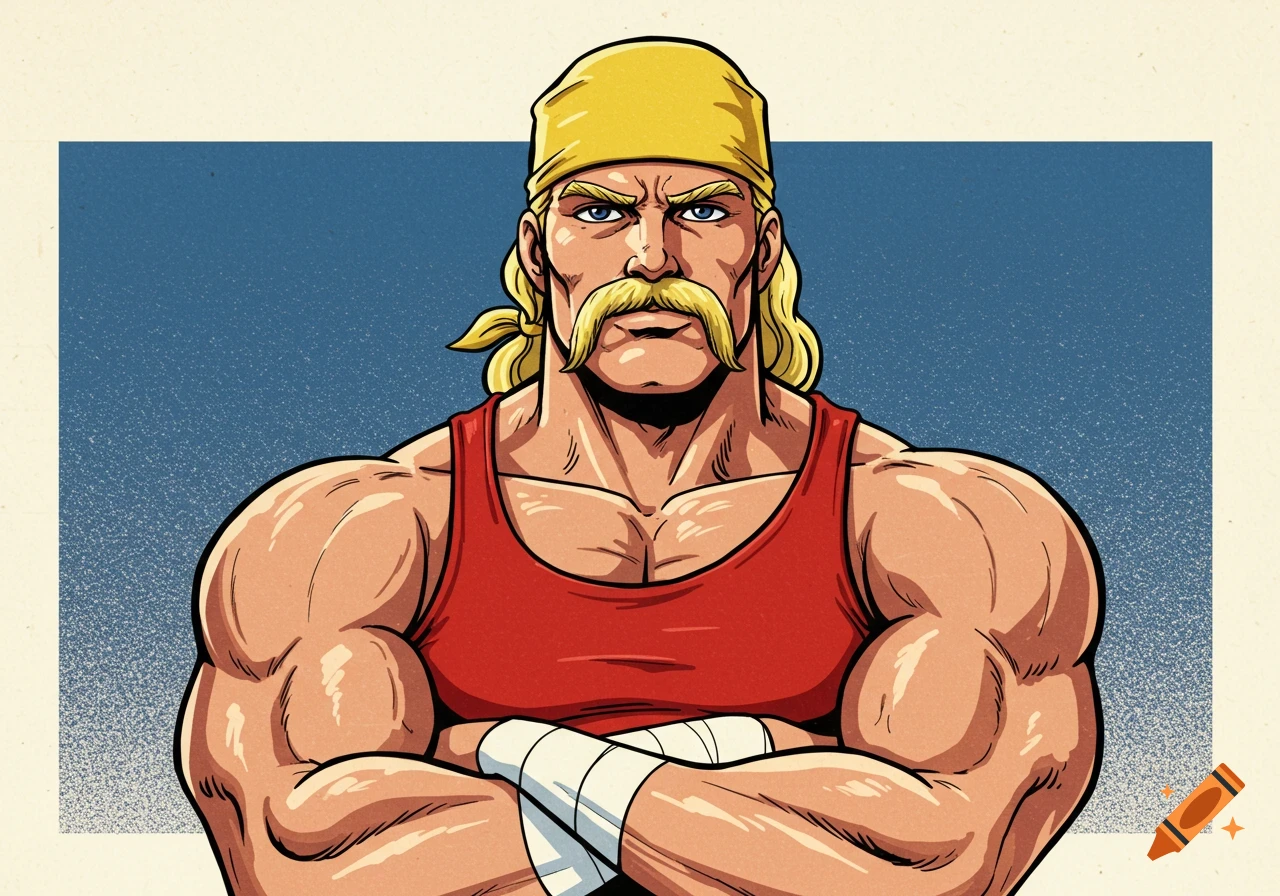A manga-style portrait of a muscular pro wrestler with blonde hair, yellow bandana, and handlebar mustache, wearing a red tank top with arms crossed.