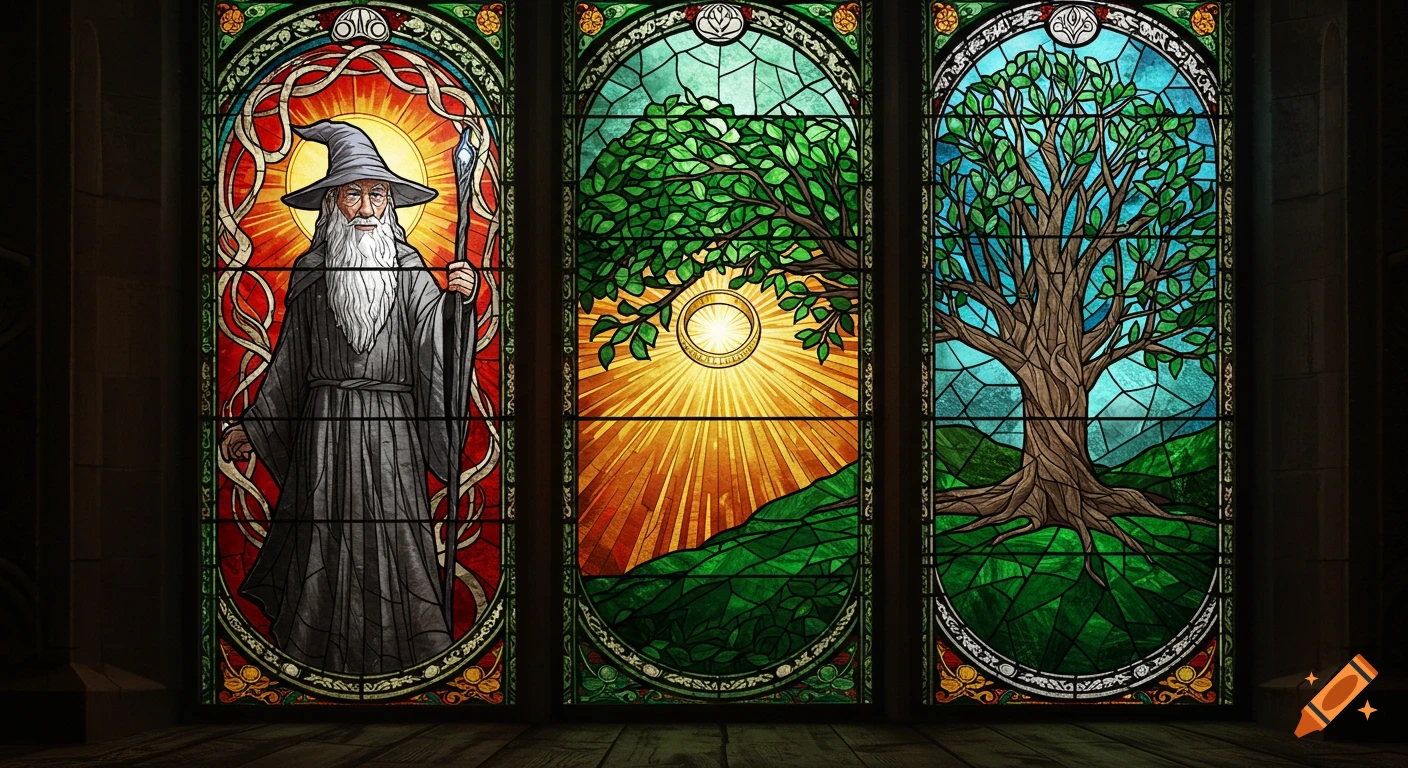 Stained glass triptych featuring Gandalf, a glowing ring with sun rays, and a large tree.