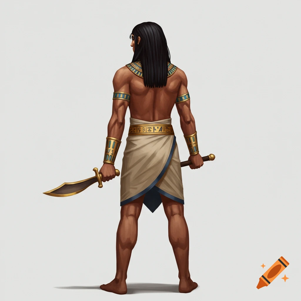 A male ancient Egyptian warrior with dark skin, long black hair, and muscular physique stands with his back to the viewer, holding a sword and staff.