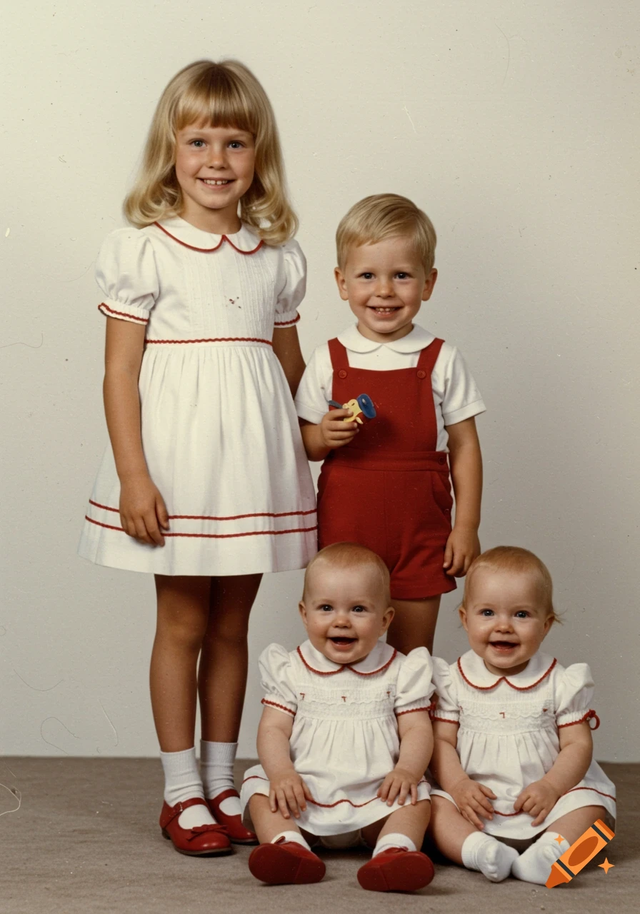 1970s studio portrait of four smiling children: a girl, a boy, and two baby girls in white and red outfits.