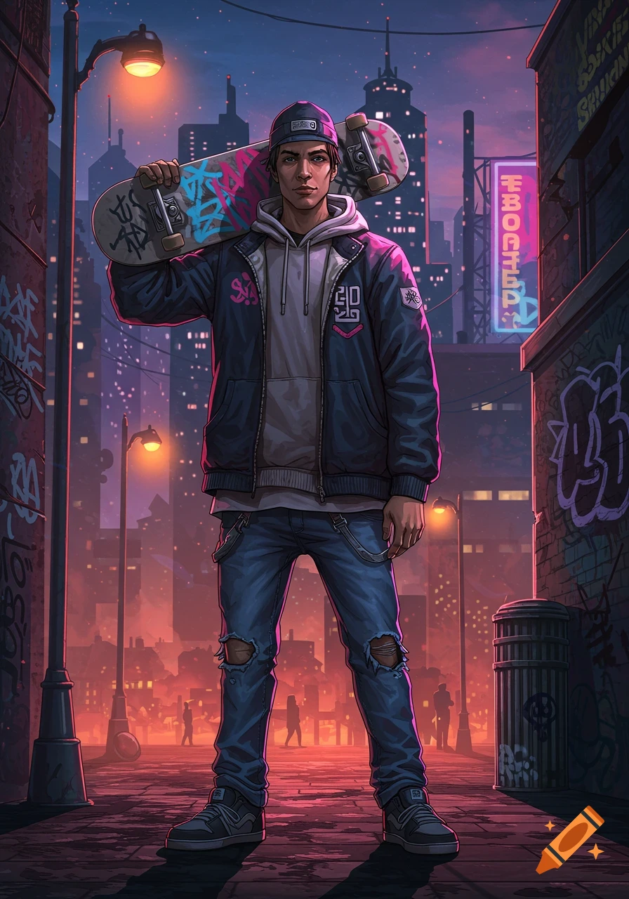 A stylized illustration of a young man with a skateboard on his shoulder, standing in a vibrant, neon-lit city alley at dusk.