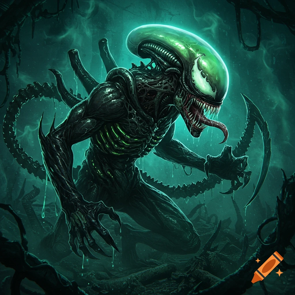 A dark, menacing alien-Venom hybrid creature with a glowing green head, sharp teeth, and a long tongue, in a murky, sci-fi horror setting.
