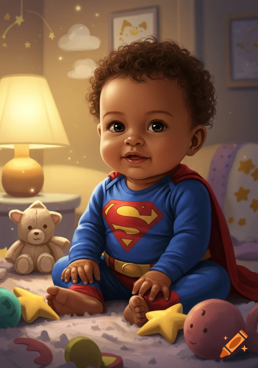 A cute cartoon baby with brown skin and curly hair sits dressed as Superman with a red cape in a cozy, softly lit nursery.