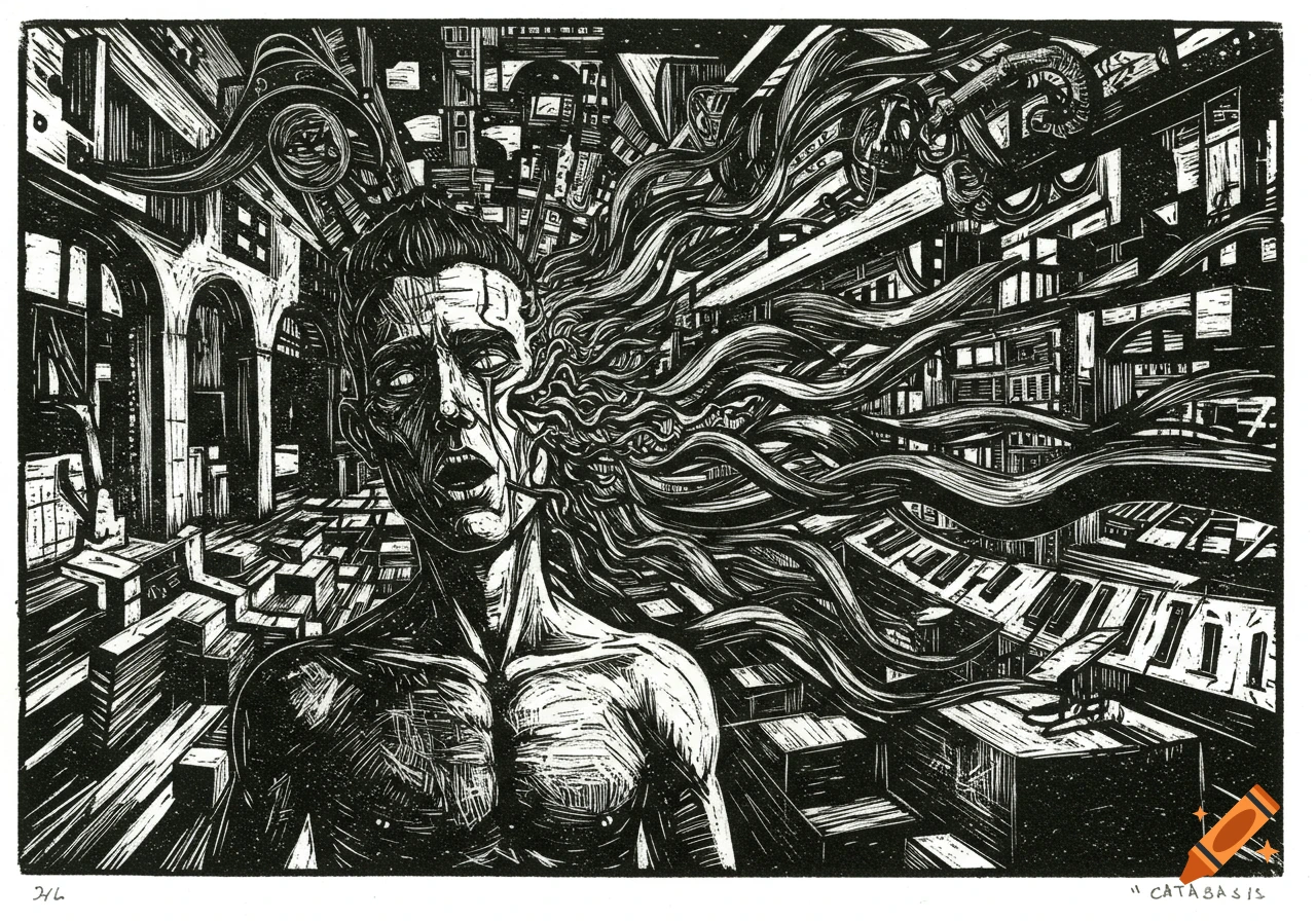 Black and white linocut of a distressed man whose head dissolves into swirling tendrils, with abstract architecture and piano keys in the background.
