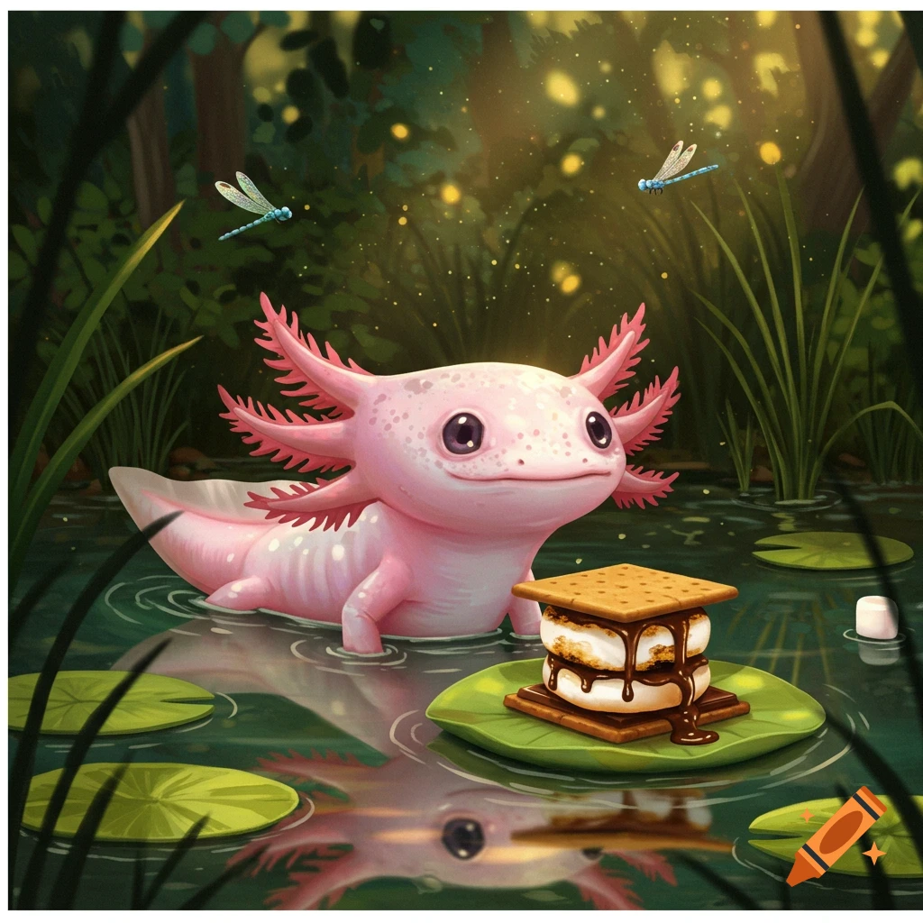 A cute pink axolotl in a pond next to a s'more, surrounded by lily pads, dragonflies, and glowing fireflies in a whimsical forest.