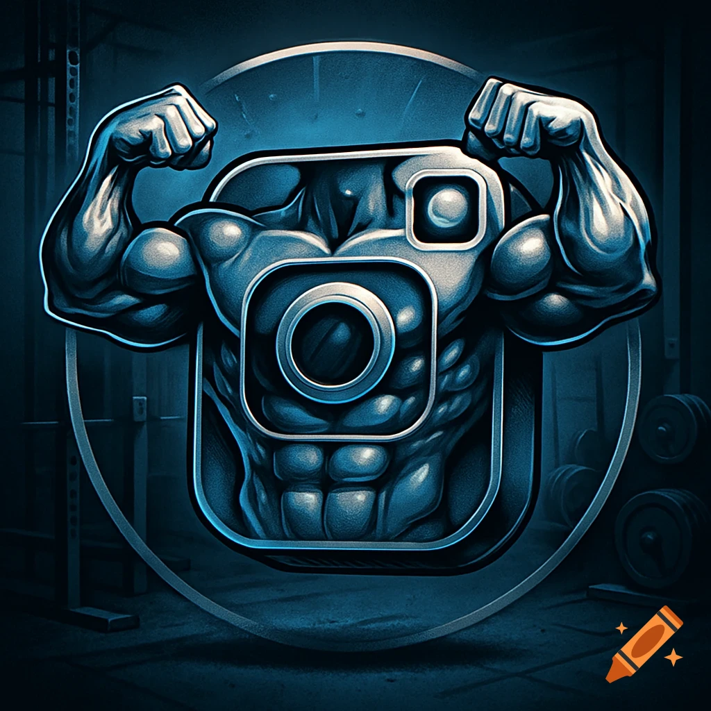 Stylized dark blue Instagram logo with muscular arms and abs in a gym setting.