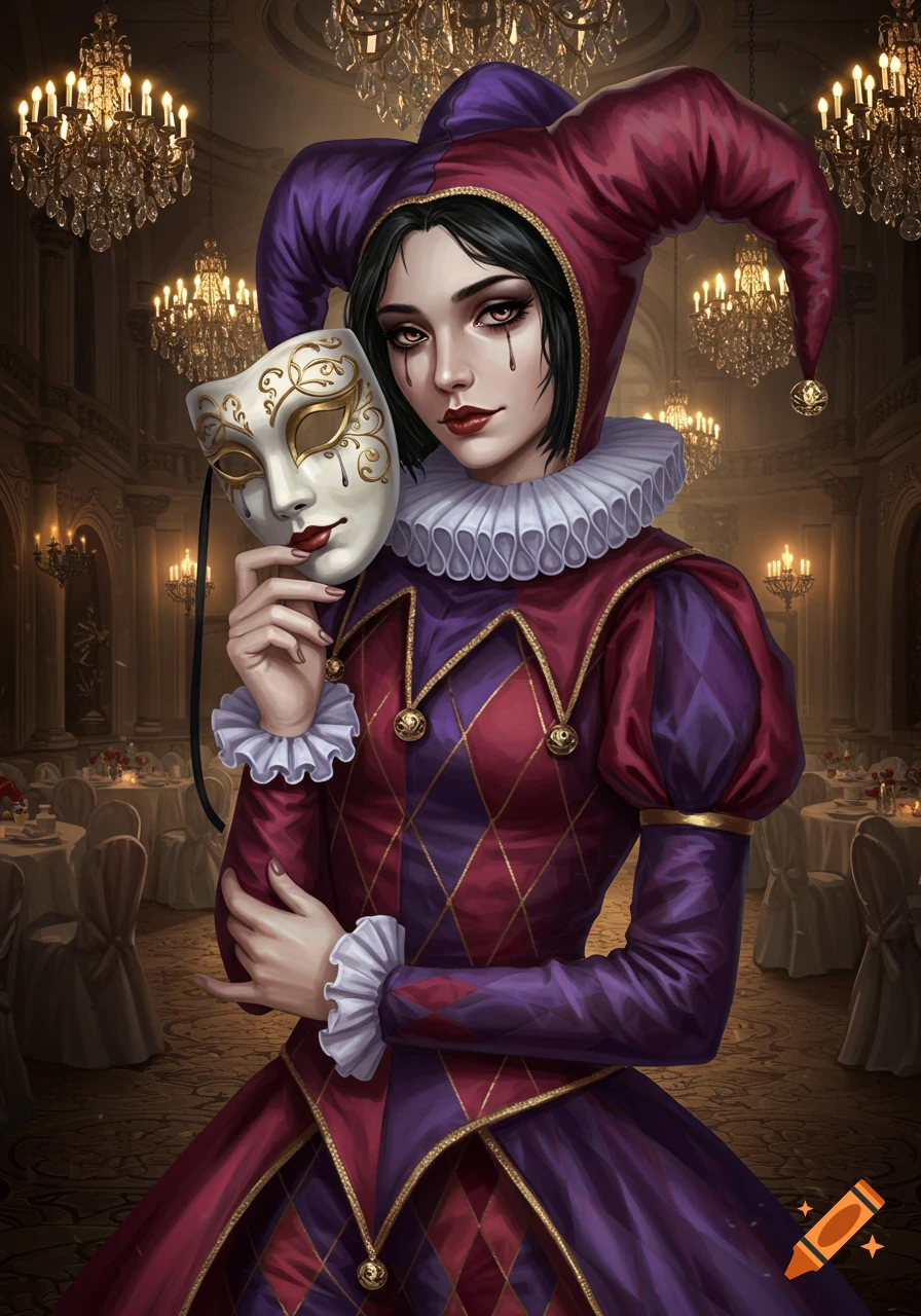 A woman in a purple and red jester costume holding a tear-stained white mask in an elegant room with chandeliers.