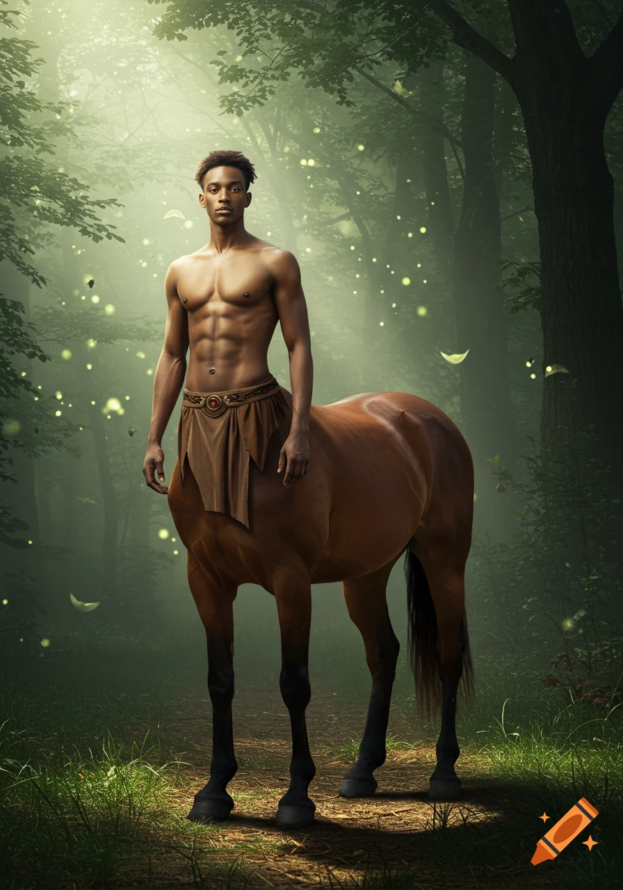 A photorealistic male centaur stands in an enchanted forest with glowing lights.