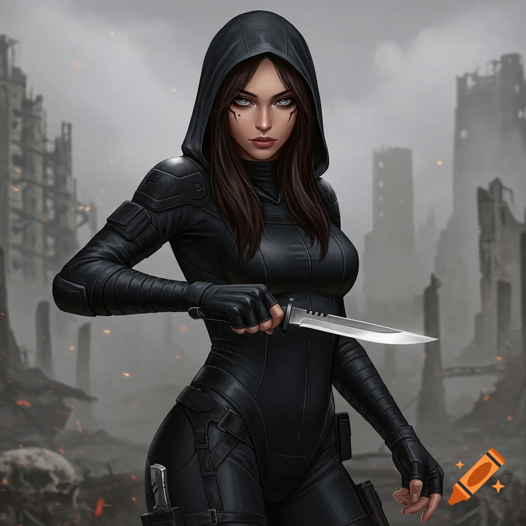 A female fighter in a black hooded suit holds a knife in a ruined, post-apocalyptic city, digital art.