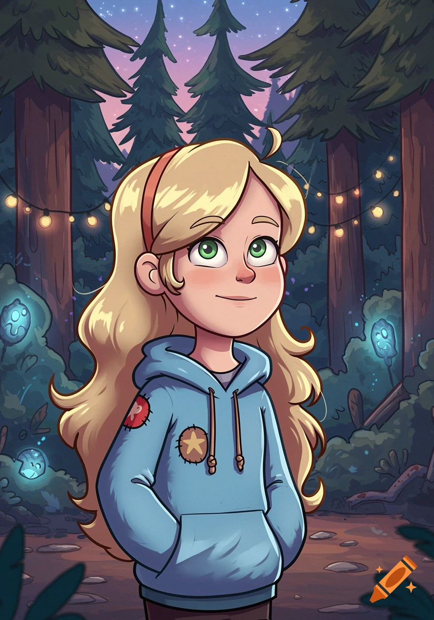 A cartoon girl with long blonde hair and green eyes, wearing a light blue hoodie, stands smiling in a magical forest at dusk with glowing spirits.