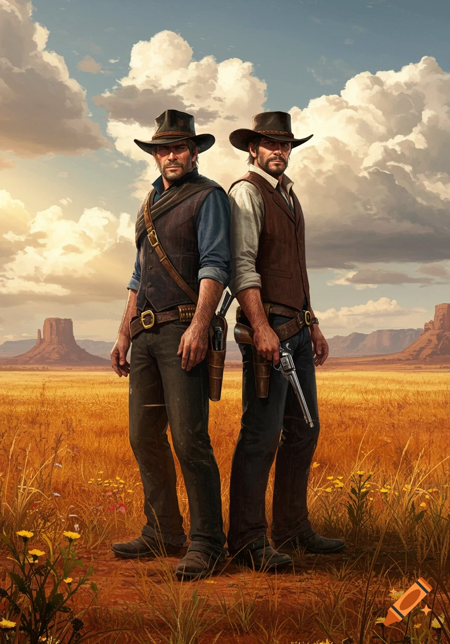 Two men dressed as cowboys stand back to back in a golden field with mesas in the background under a cloudy sky.