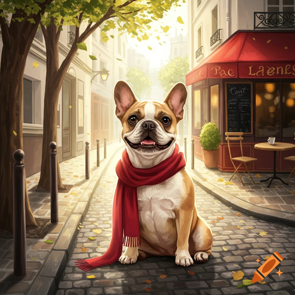 A happy French bulldog in a red scarf sits on a cobblestone street in a charming city scene.