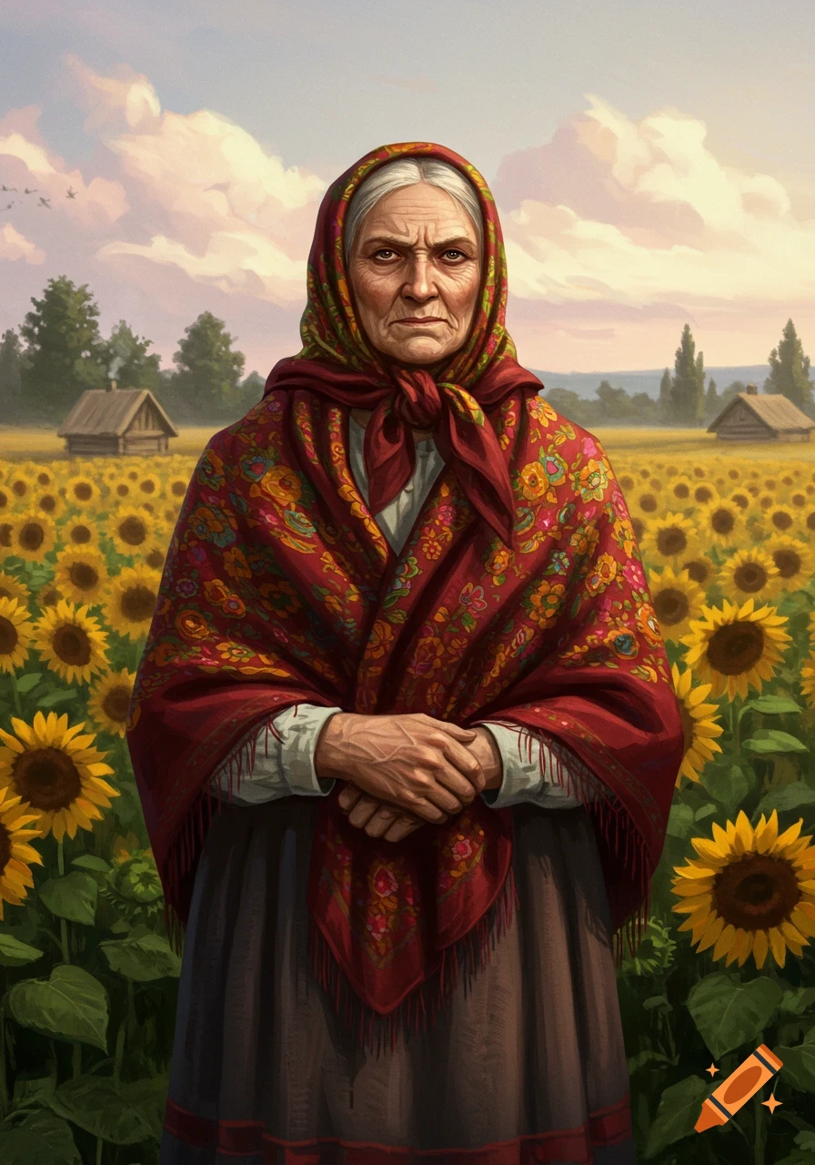 Painting of an elderly woman wearing a red floral headscarf and shawl, standing in a sunflower field.
