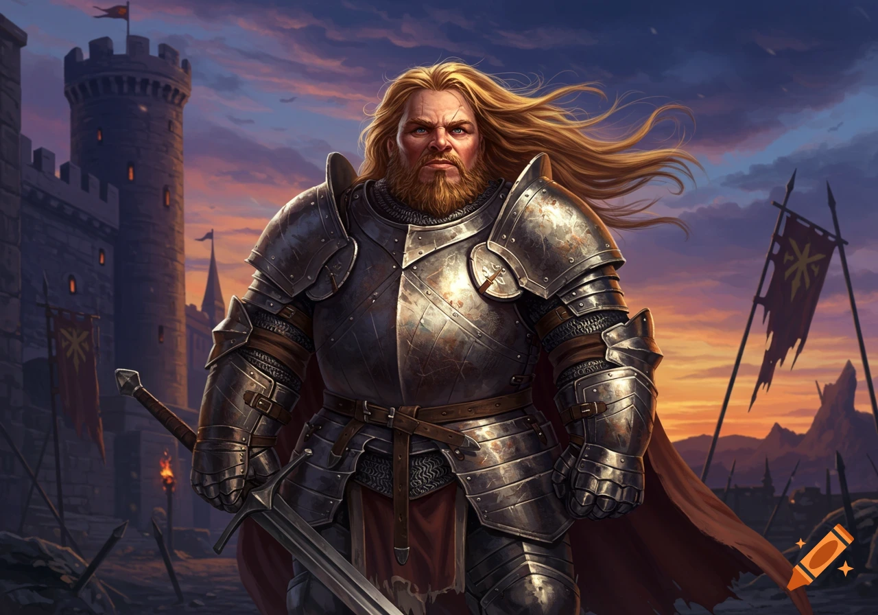 A stocky male knight with blonde flowing hair and a beard, in full plate armor, stands holding a sword before a castle at sunset, with torn flags.